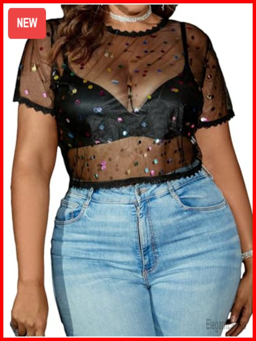 Women's Plus Size Glitter Sequin Short Sleeve Mesh See Through Tee Top